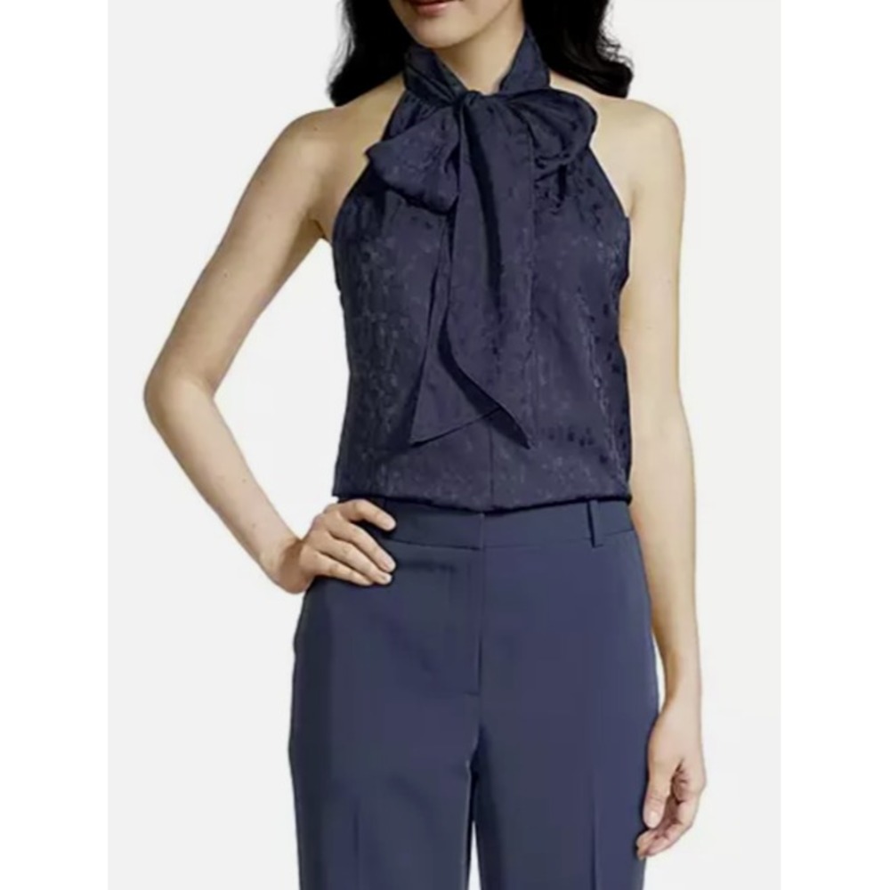 NWOT Worthington Womens Halter Mock Tie Neck Sleeveless Blouse Navy Blue XS Top